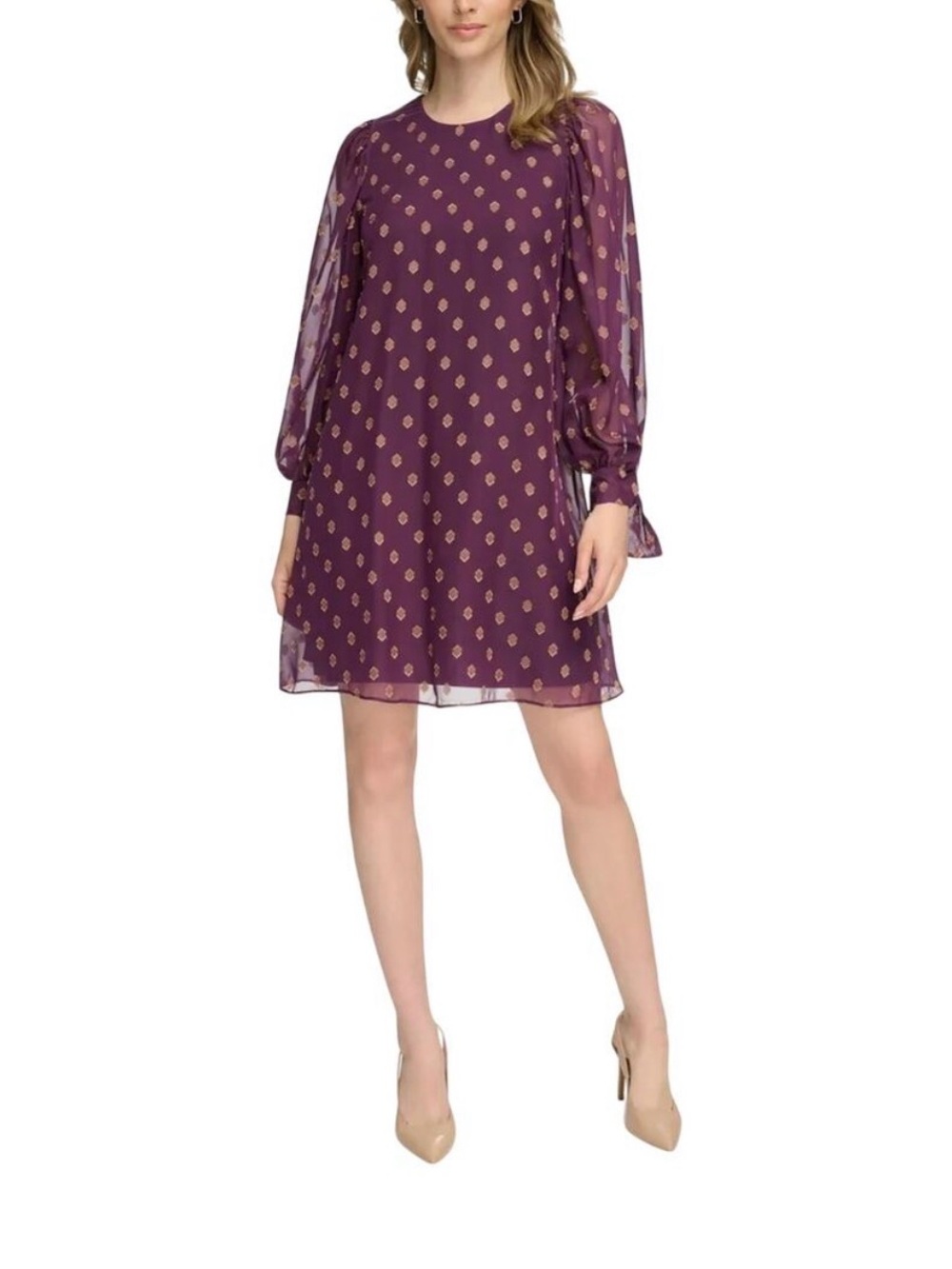 Women's Purple Metallic Dot Long-Sleeve Dress